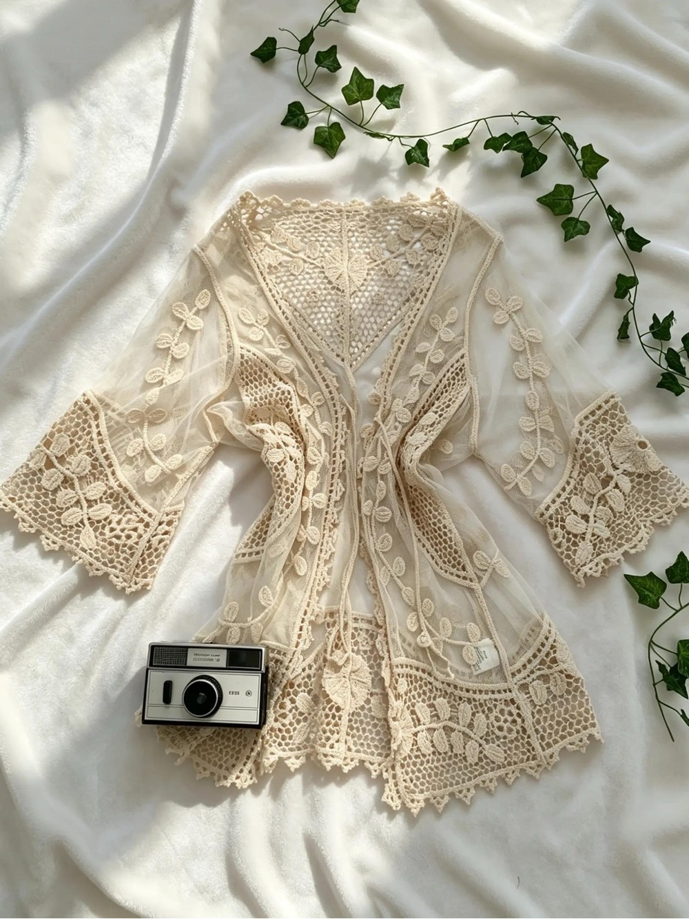 Vintage Crochet Fairy Cottagecore Boho Cover Up - Romantic Cream Kimono